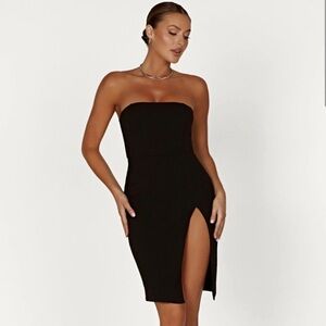 MESHKI 90s Strapless Bandeau Thigh Split Black  Mini Dress